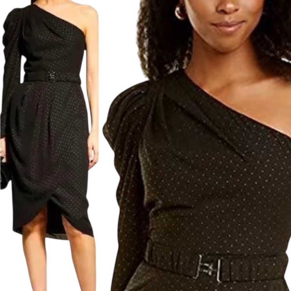 Aiden Chic Black One-Shoulder Midi Dress Pin Dot